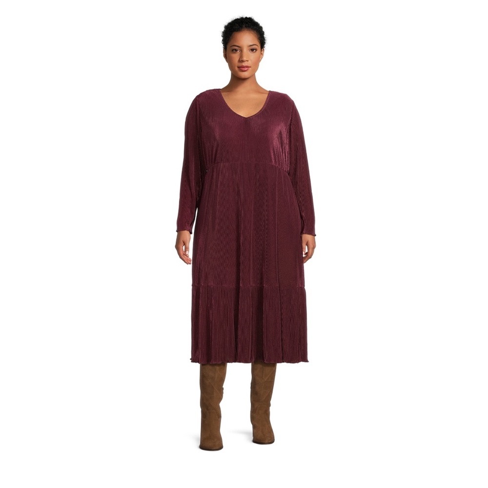 Terra & Sky Women's Plus Size Long Sleeve Plisse Midi Dress